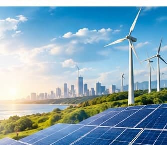 Wind turbines and solar panels on a green coastline, with a city skyline beyond