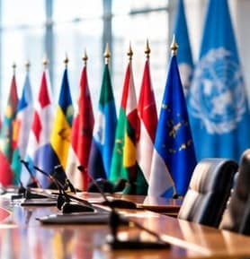 National flags standing along a conference table in a United Nations meeting room