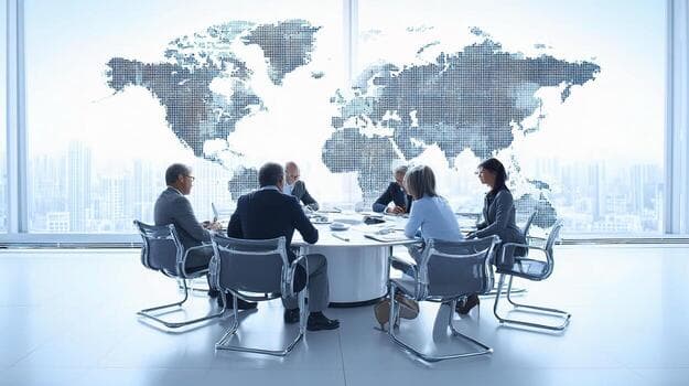Colleagues in discussion around a boardroom table beneath a world map