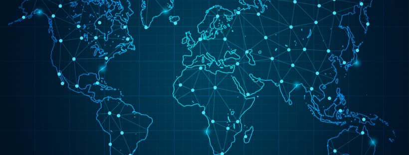 A world map with its regions joined by a network of lines and points