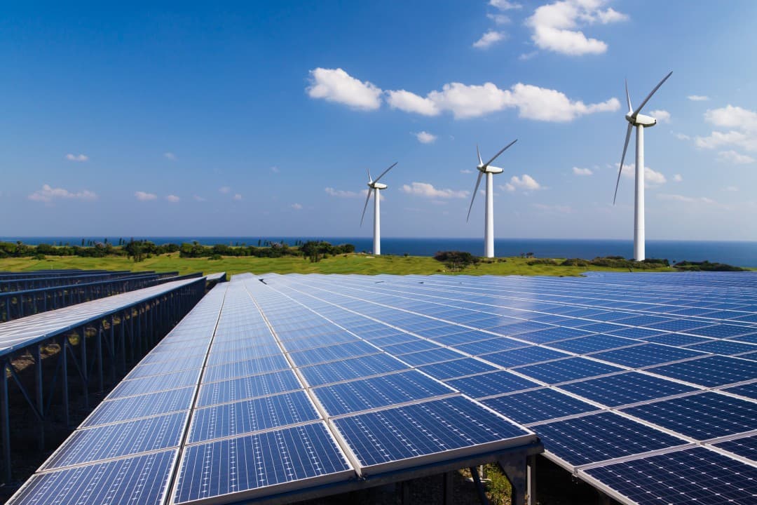Solar panels in a coastal field with wind turbines behind them