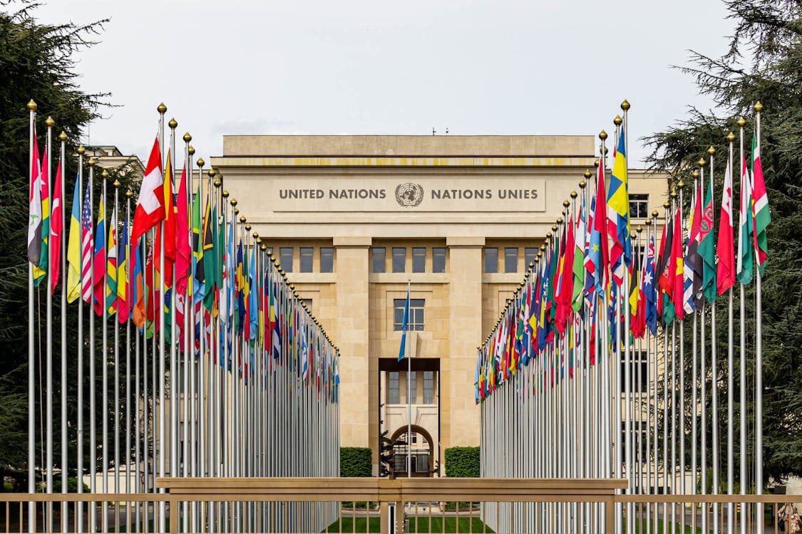 Member state flags along the approach to the Palais des Nations in Geneva